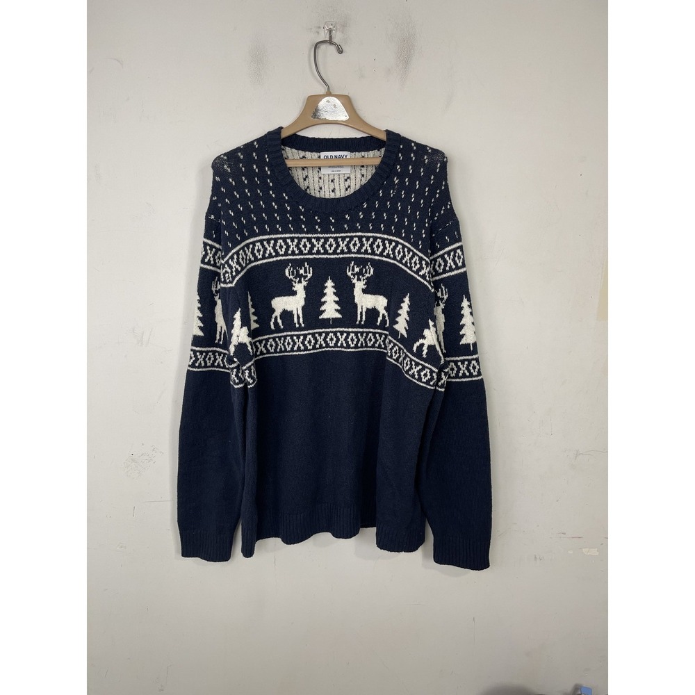Old Navy Men XL Reindeer Tree Fair Isle Christmas Holiday Ugly Sweater Navy Blue